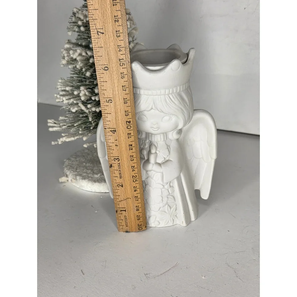 Vintage White Bisque Ceramic Angel Figurine Crown Candle Holder 6 Inch